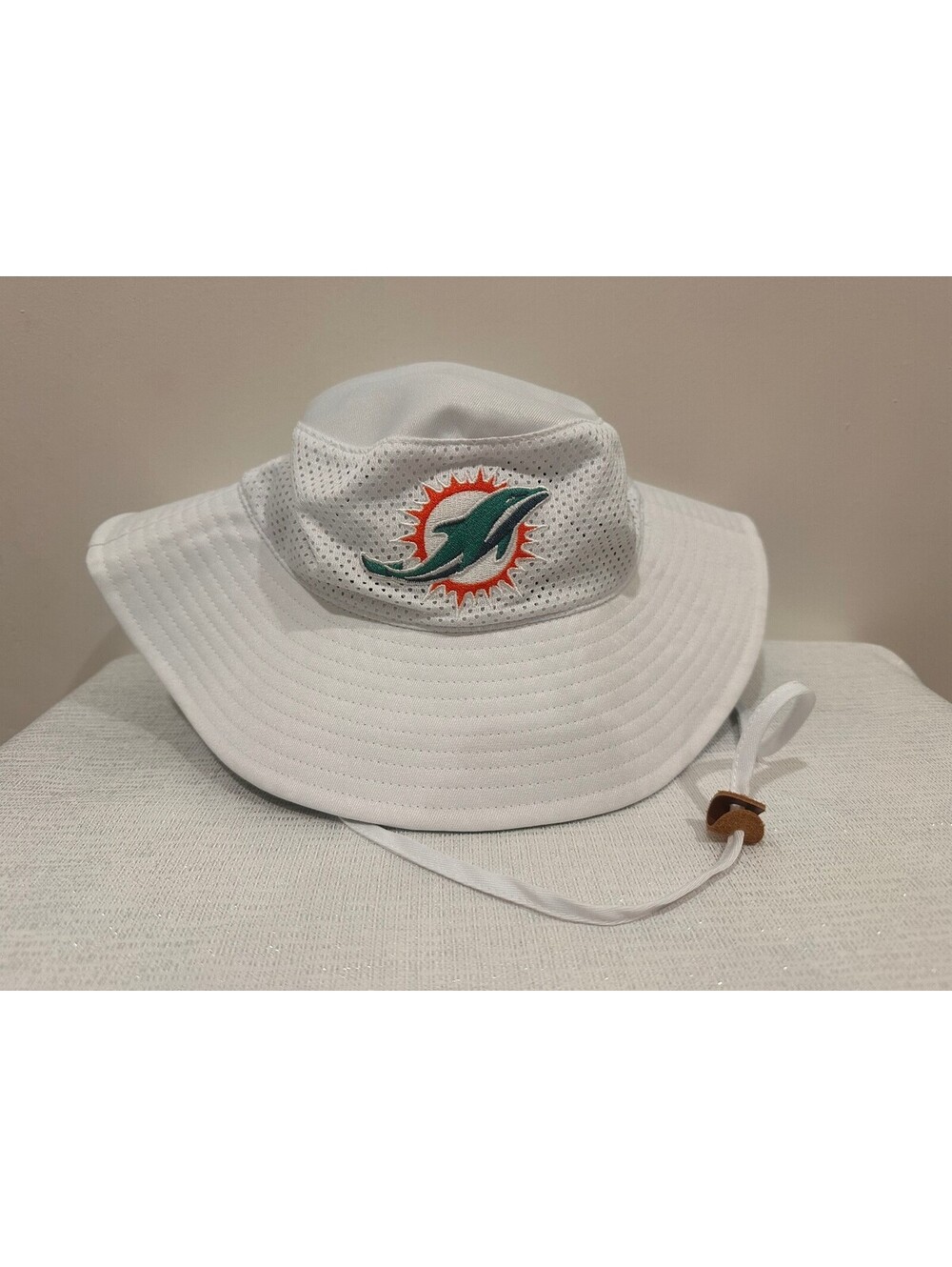White Miami Dolphins Bucket Hat with Adjustable Chin Strap